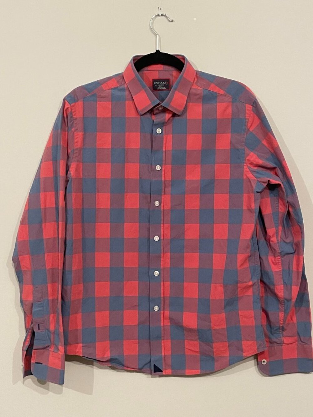 UNTUCKit Carmenet Men’s Medium Slim Fit Red Blue Plaid Cotton Shirt